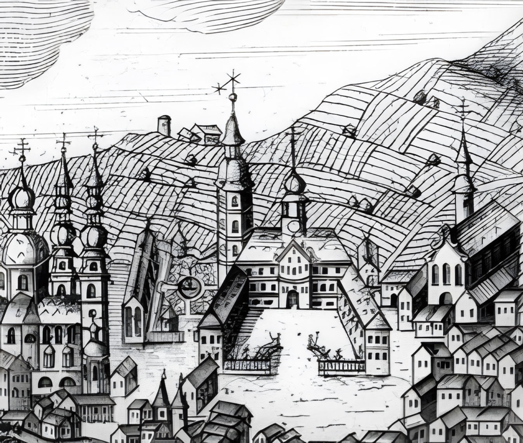 Darstellung des Schlosses von Johann Salver aus dem Jahr 1729.