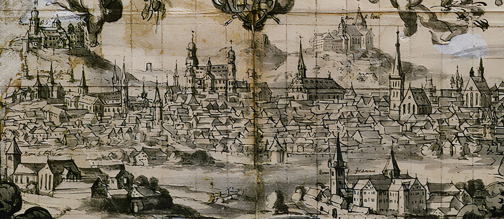 Thesenblatt Jesuiten: Erste Darstellung des Fuldaer Renaissanceschlosses aus dem 17. Jahrhundert (Ausschnitt)
